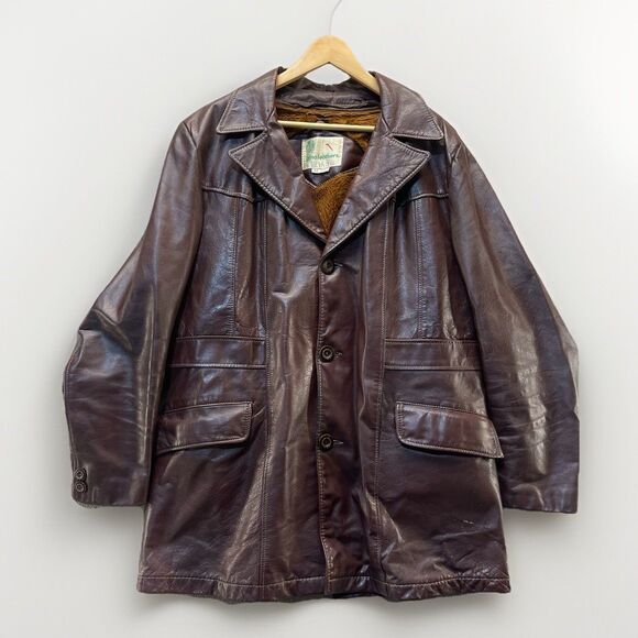 VTG 70s Gino Leathers Genuine Leather Jacket Coat Size 42 Faux Fur Lined - Picture 1 of 11